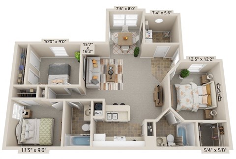 Floor plan for 3 beds, 2 baths, 1081 sqft